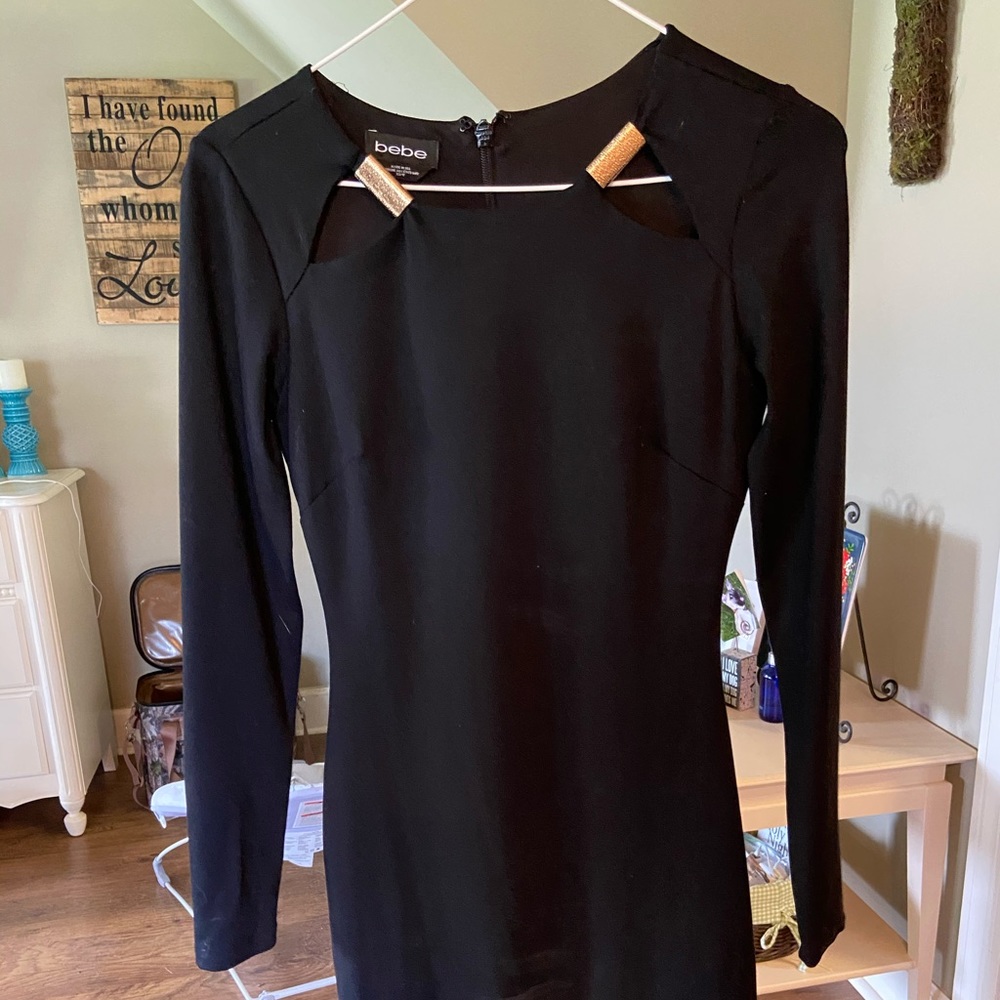 Bebe black dress with gold accents